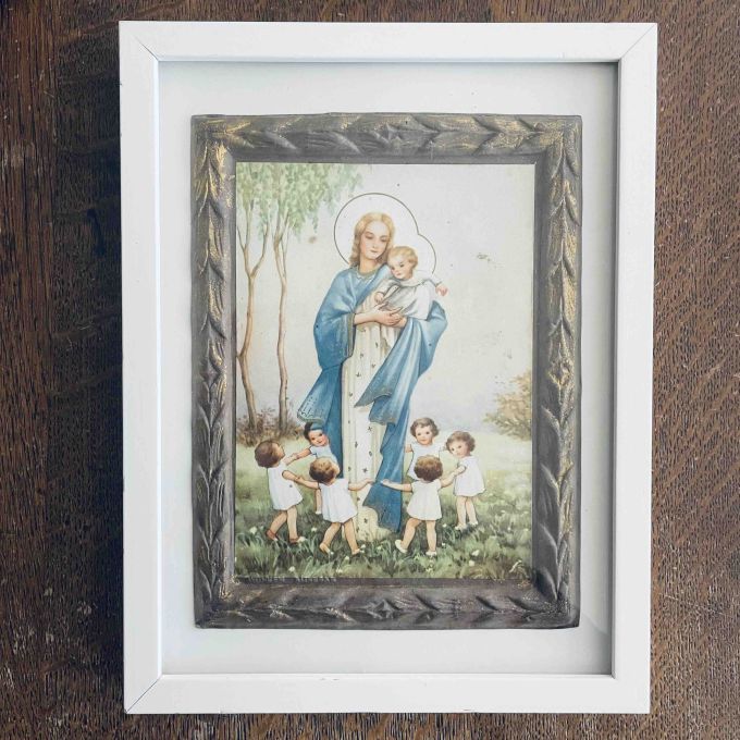 Kartongtryck med reliefram - i modern vit ram - Maria och Jesus