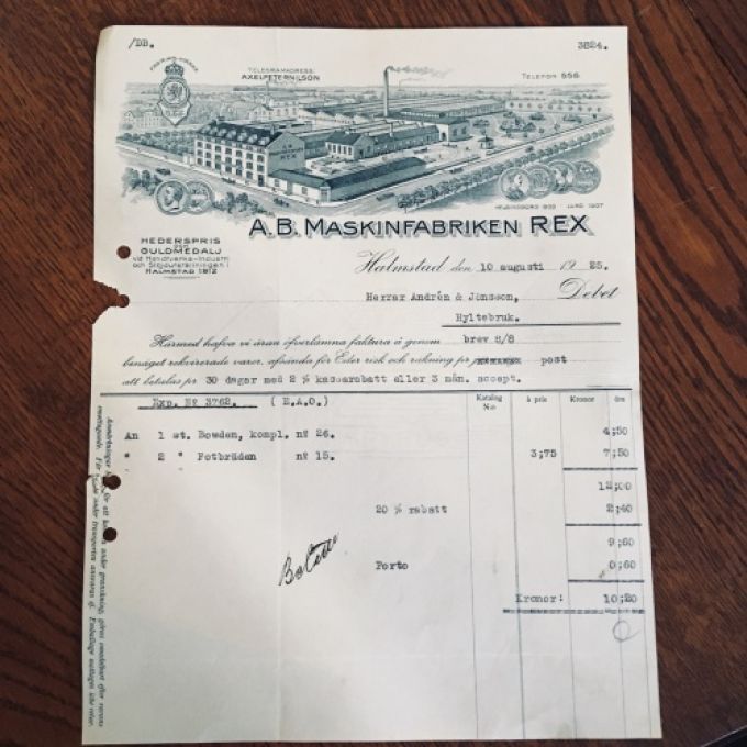 Kvitto fr 1925 - Maskinfabriken REX