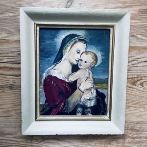 Träram med målning på pannå - Jesus och Maria