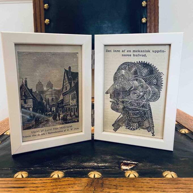 Dubbelram i trä - motiv från Lund och det inre af en mekaniks uppfinnares hufvud