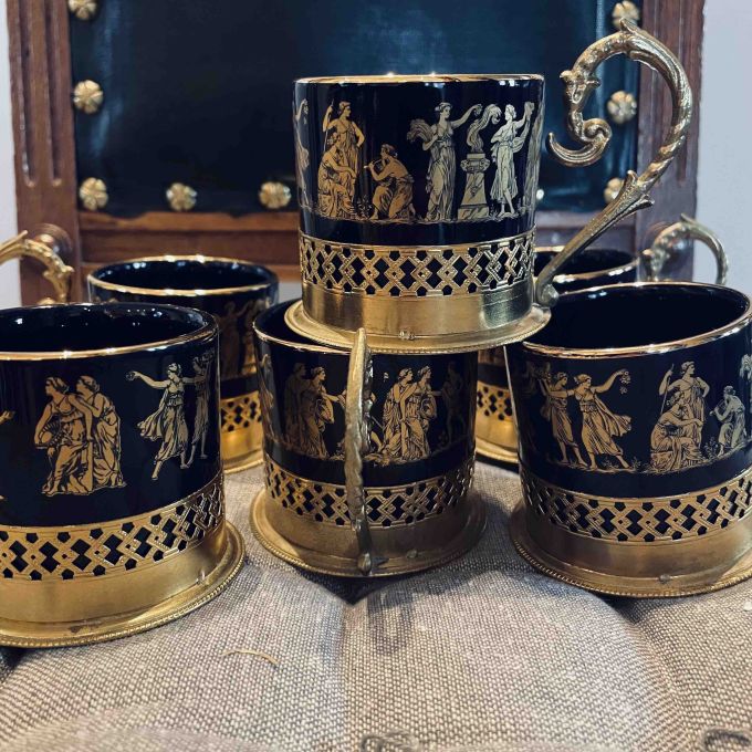 Glögglas 6 st -  blått glas i metallställ