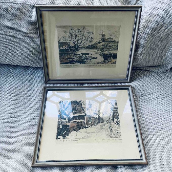 Paret originaletsningar - Hammarby Kvarn och Lilla Glasbruksgatan - av E Hällgren