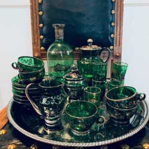 Glasservis grönt glas med dekor - 21 delar