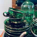 Glasservis grönt glas med dekor - 21 delar